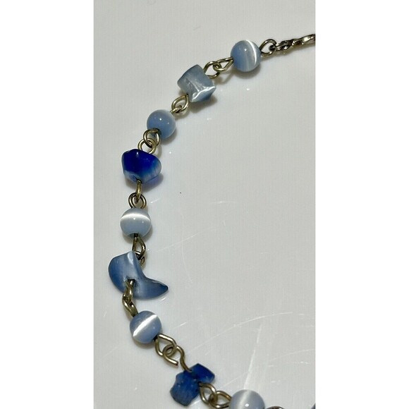 Sterling Silver Plated 6mm Blue Cats Eye Ball Bead 9in Bar Chain Bracelet VTG - Picture 3 of 7